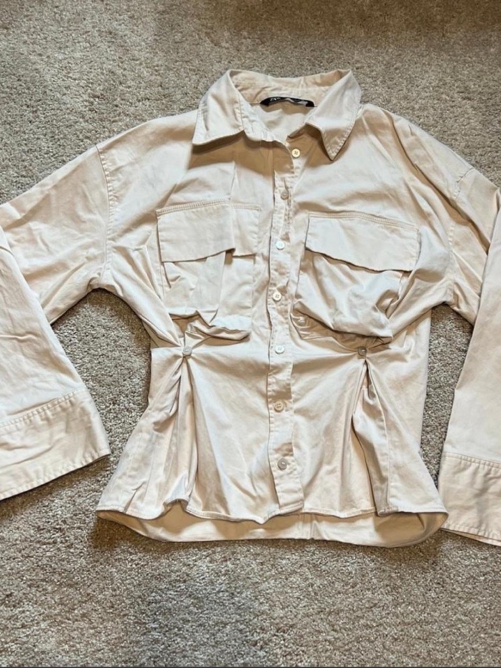 Zara Button-Front Utility Shirt in Light Beige